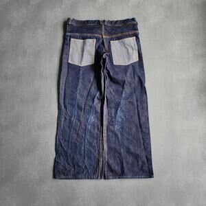 Vintage Custom Baggy Blue Denim Wide Leg Low Waist Button Fly Jeans 34x28